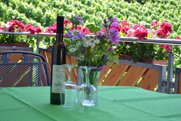 'Mblierter Balkon mit Blick in die Weinberge'